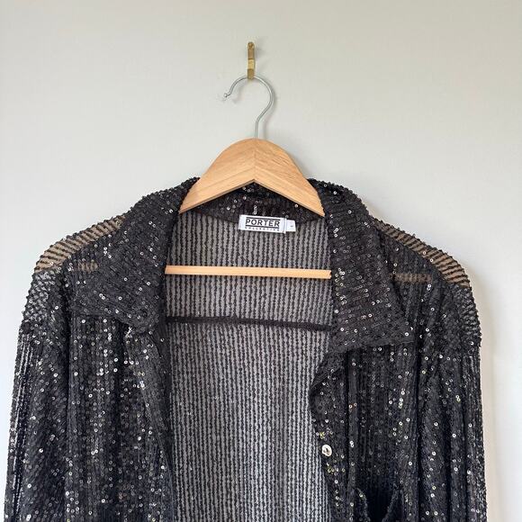 Porter Collective Sequins Townes Sheer Button Front Long Sleeve Blouse Black L - Picture 4 of 8